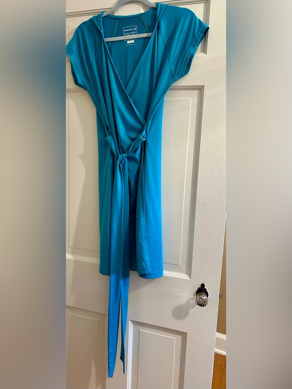 Merrell M Wrap Dress with Tie and Hood casual dress beach coverup Turquoise blue